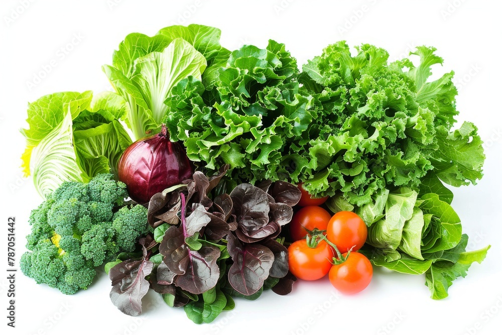 Assorted vibrant vegetables on white backdrop Assorted vibrant vegetables on white backdrop