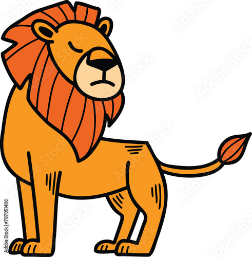 A cartoon lion is sitting on its haunches with its head down