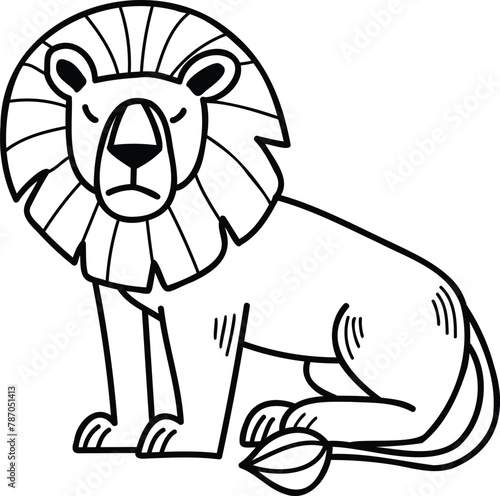 A cartoon lion is sitting on its haunches with its head down