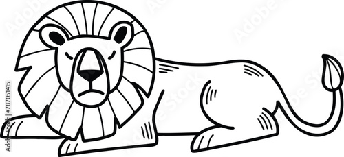 A cartoon lion is sitting on its haunches with its head down