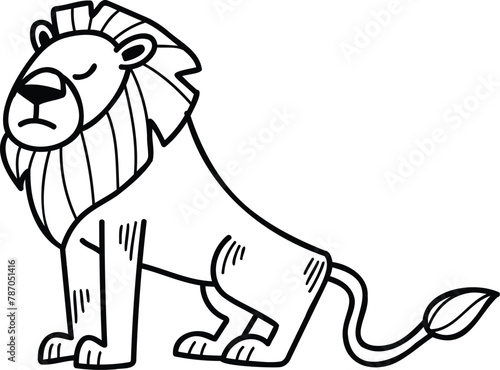 A cartoon lion is sitting on its haunches with its head down