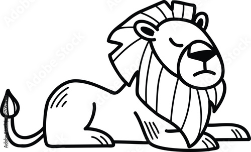 A cartoon lion is sitting on its haunches with its head down