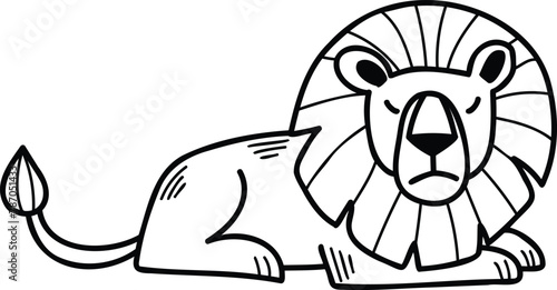 A cartoon lion is sitting on its haunches with its head down