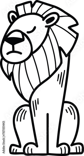A cartoon lion is sitting on its haunches with its head down