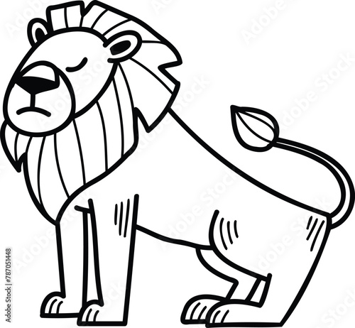 A cartoon lion is sitting on its haunches with its head down
