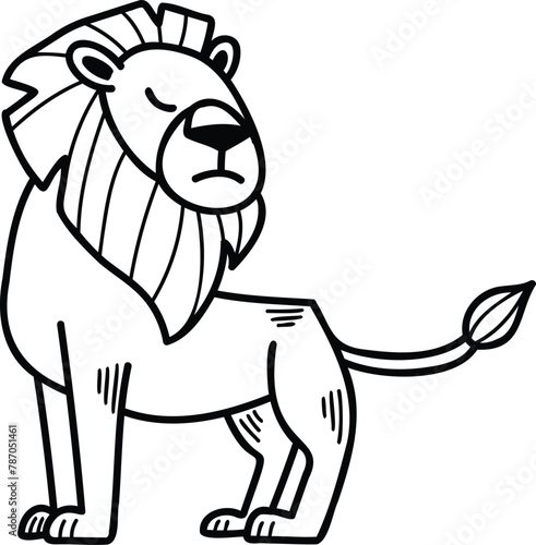 A cartoon lion is sitting on its haunches with its head down