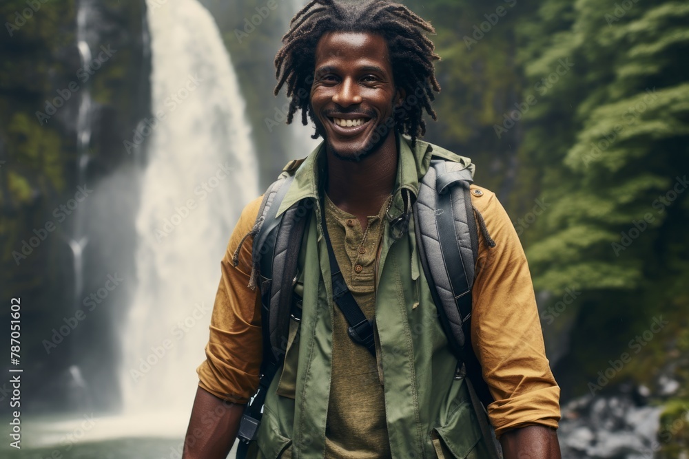 Portrait of a happy afro-american man in his 20s dressed in a water-resistant gilet on backdrop of a spectacular waterfall