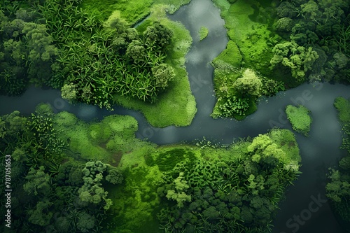 AI generated illustration of a river flowing through dense green forest with numerous trees