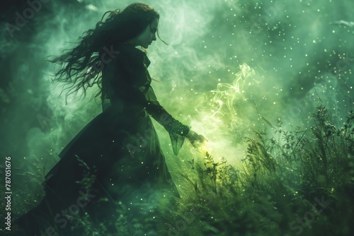 A chilling figure of a witch with wild hair and black robes, casting a spell with hands illuminated by a green fire in a dark, misty wood. photo