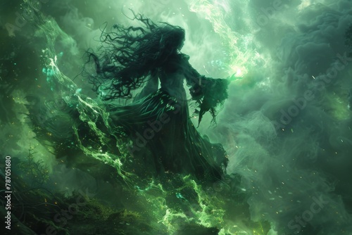 A chilling figure of a witch with wild hair and black robes, casting a spell with hands illuminated by a green fire in a dark, misty wood. photo