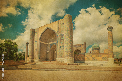 Vintage image of Bibi-Khanym Mosque in Samarkand, Uzbekistan.
