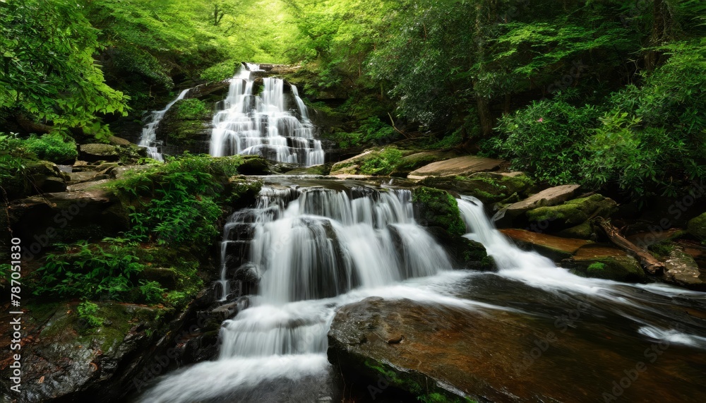 Serene cascading waterfall in lush forest