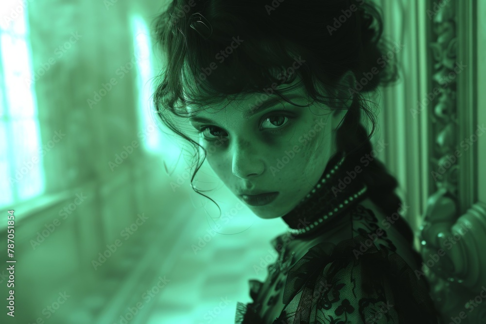 A ghostly child with blank eyes and a Victorian dress, reaching out silently from the end of a dimly lit, green-tinged hallway A ghostly child with blank eyes and a Victorian dress, reaching out silently from the end of a dimly lit, green-tinged hallway