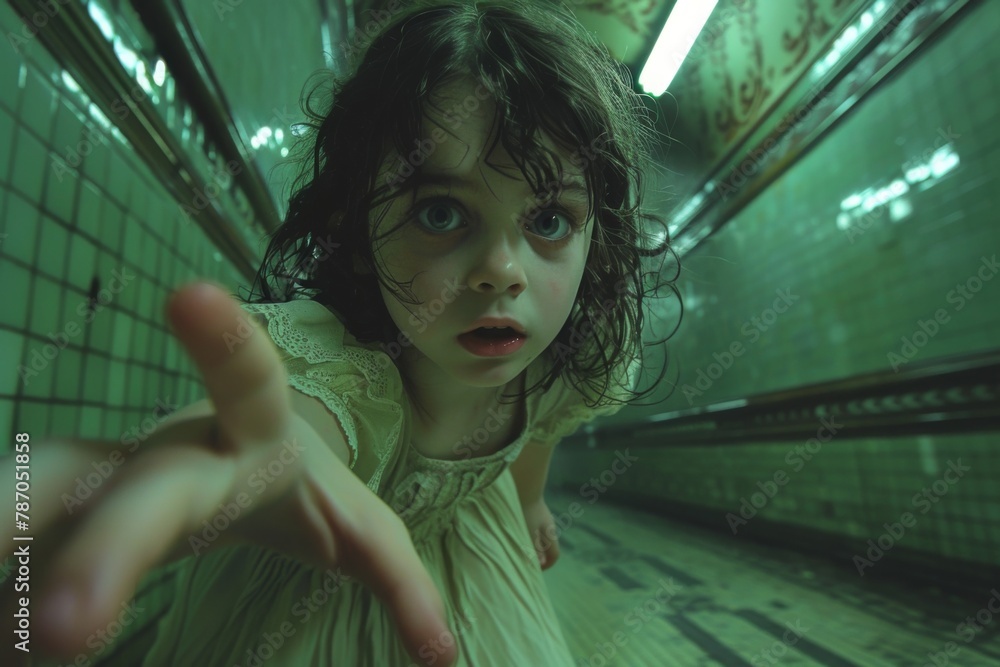 Fototapeta premium A ghostly child with blank eyes and a Victorian dress, reaching out silently from the end of a dimly lit, green-tinged hallway