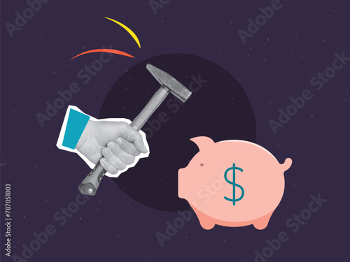 Piggy bank and a hand with a hammer. Money box smashed by a hammer. Vector illustration in a modern collage style