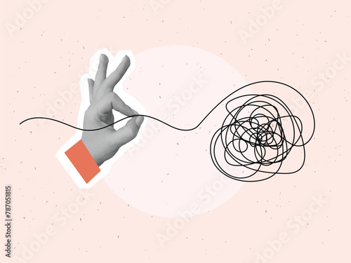 A hand pulls a thread from a tangled ball. Concept of problem solving and eliminating uncertainty. Vector illustration in a modern collage style