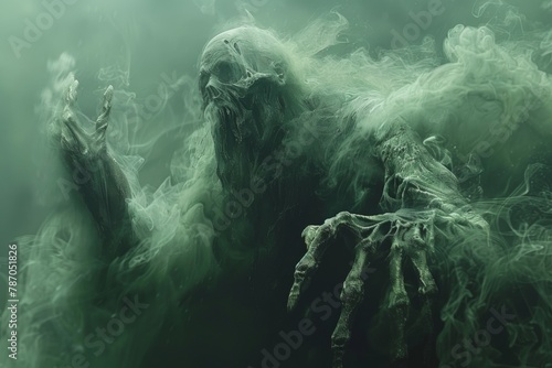 A ghastly figure with translucent skin and elongated fingers, its mouth agape in a silent scream, enveloped in a murky green fog. photo