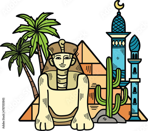 A statue of a woman is sitting in front of the pyramids of Egypt