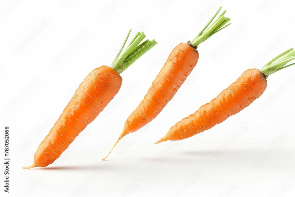Three fresh carrots falling on white background Three fresh carrots falling on white background