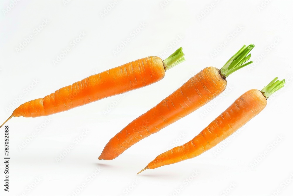 Three fresh carrots falling on white background Three fresh carrots falling on white background