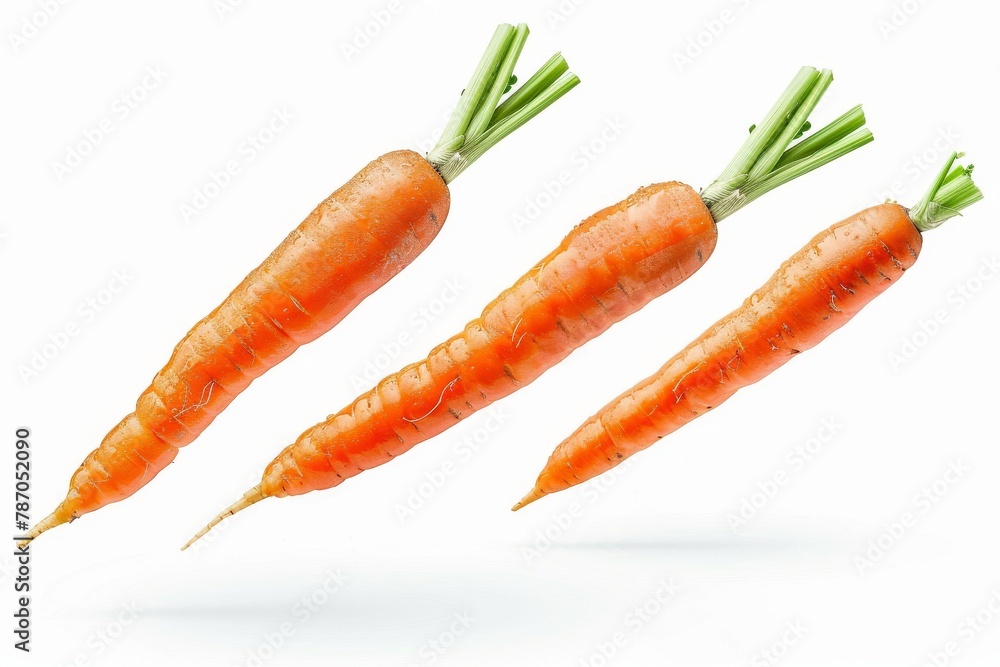 Three fresh carrots falling on white background Three fresh carrots falling on white background