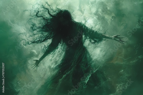 A shadowy banshee with flowing hair and a tattered dress, screaming into the void, her hands clawing at the air, surrounded by a faint green aura