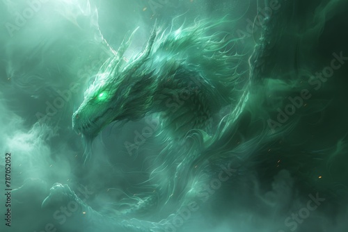 A spectral dragon with ethereal scales and glowing green eyes, its ghostly claws reaching out from a misty realm between worlds.