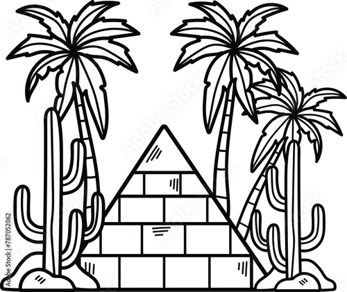 A drawing of a pyramid with palm trees and cacti in the background