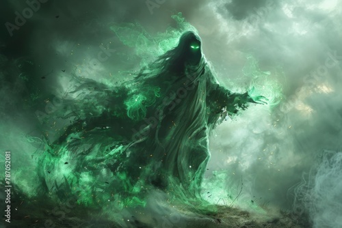 A spectral wraith emerging from the shadows, its eyes glowing faintly green, hands outstretched as if to grasp something unseen