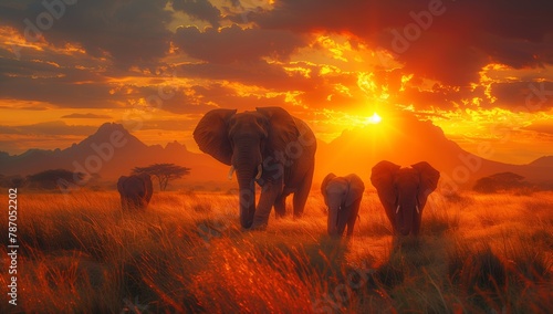 A group of Indian elephants gracefully grazing in a natural landscape at sunset, under a red sky with clouds photo