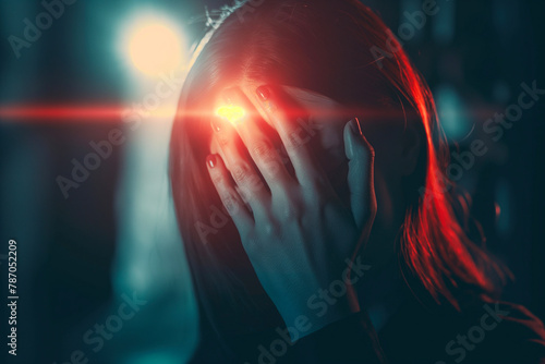 Dramatic Portrayal of Woman Suffering from Severe Headache or Migraine