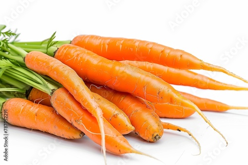 Vibrant orange carrots tumbling gracefully against a pure white background.