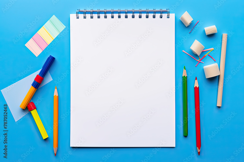 Blank paper notepad mockup with school supplies on blue background. Flat lay, top view, copy space. Back to school concept. Blue and yellow office stationery. High quality photo Blank paper notepad mockup with school supplies on blue background. Flat lay, top view, copy space. Back to school concept. Blue and yellow office stationery. High quality photo