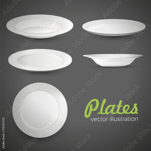 Set of empty white plate on the grey background