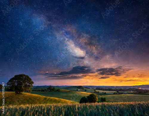 Starry night sky over rural landscape