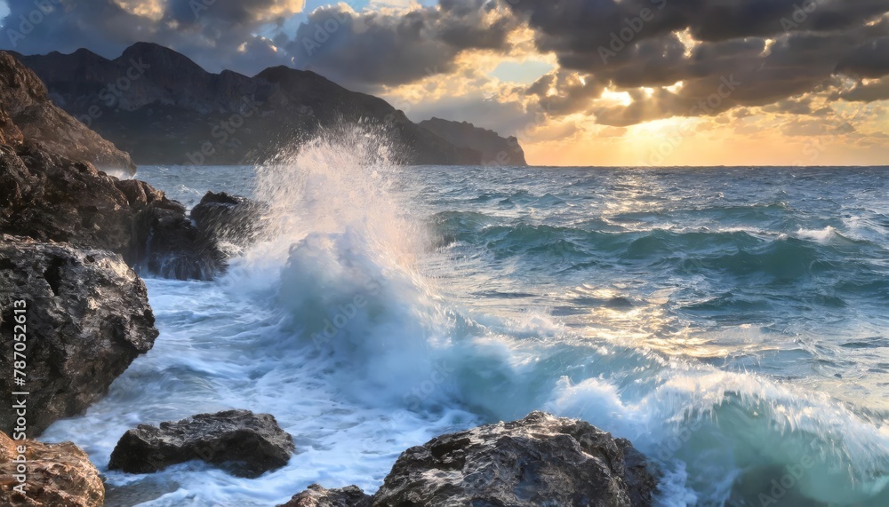 Fototapeta premium Majestic seascape at sunset with crashing waves