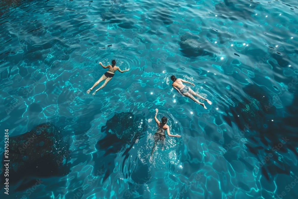 Happy people enjoying summer vacation, swimming in the crystal-clear blue sea