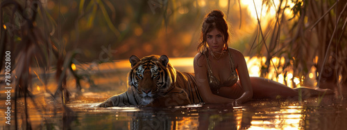 A fantasy female woman with a tiger in a minimal bikini costume. Futuristic portrait of a beautiful amazonian woman. attractive black woman hugging a tiger coexistence, the potential for cooperation
