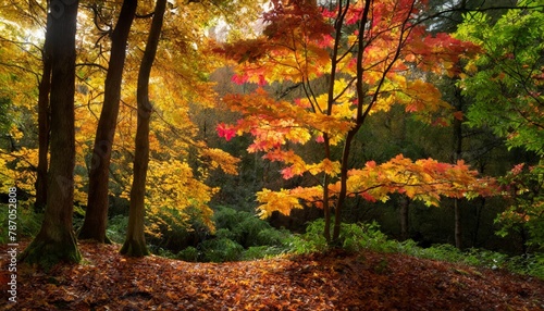 Enchanting autumn forest at sunrise