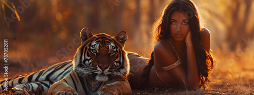 A fantasy female woman with a tiger in a minimal bikini costume. Futuristic portrait of a beautiful amazonian woman. attractive black woman hugging a tiger coexistence, the potential for cooperation photo