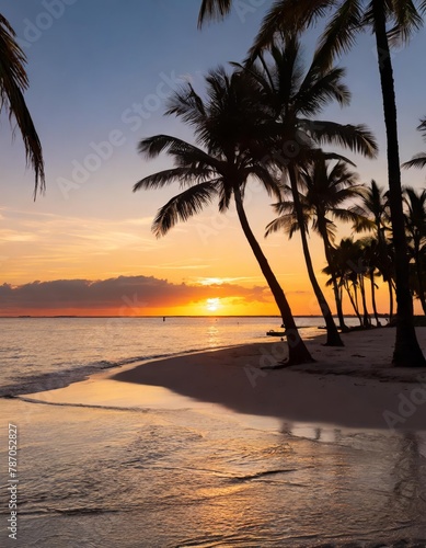 Tropical sunset on a palm-fringed beach