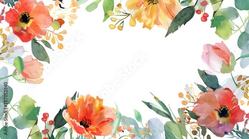 A vibrant watercolor border featuring orange  yellow  and pink blooms with green foliage  perfect for invitations and cards