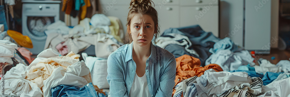 Obraz premium woman is sitting on the floor. there are a lot of messy laundry placed all over the room and around her. Her face impression is fed up