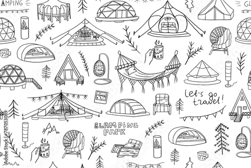 Seamless pattern of glamping elements in doodle style. Glamour camping. Capsule rooms in the mountains, wigwams, glass yurts, bubble rooms. Luxury Campsites. Travel design. Adventure. Hand drawn