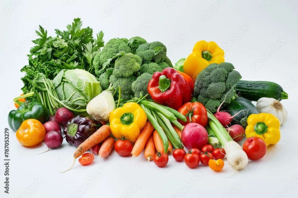A vibrant mix of colorful vegetables spilling onto a white surface. A vibrant mix of colorful vegetables spilling onto a white surface.