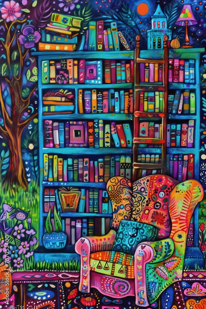 Vibrant whimsical painting of a reading nook