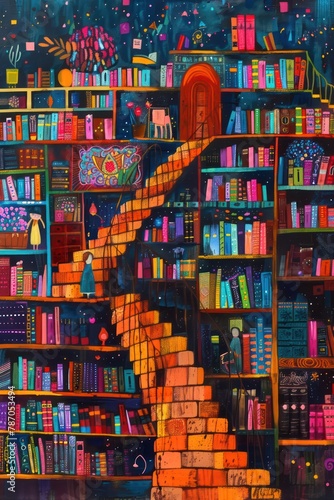 Vibrant library painting with whimsical details