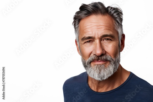 Portrait of Handsome Mature 50s 60s 70s Middle Aged Healthy Man Isolated on White or Grey Background. Anti-aging Skin Care Beauty, Cosmetics Concept. Natural Beauty Product