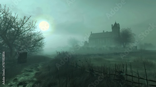 a gothic castle under a full moon amidst a foggy, eerie landscape that evokes a sense of mystery and the supernatural