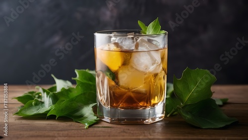 A refreshing beverage served in a glass with ice cubes